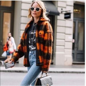 ANINE BING Samone Plaid Trucker Jacket Orange black wool button front coat